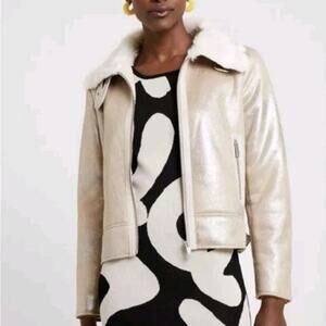 Desigual Glitter‎ Effect Faux Leather Sherling Bomber Jacket 38 S Ivory Gold